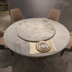 Round Marble Dining Table with Built-in Rotating Tray Woven Leather Pedestal and Metal Base